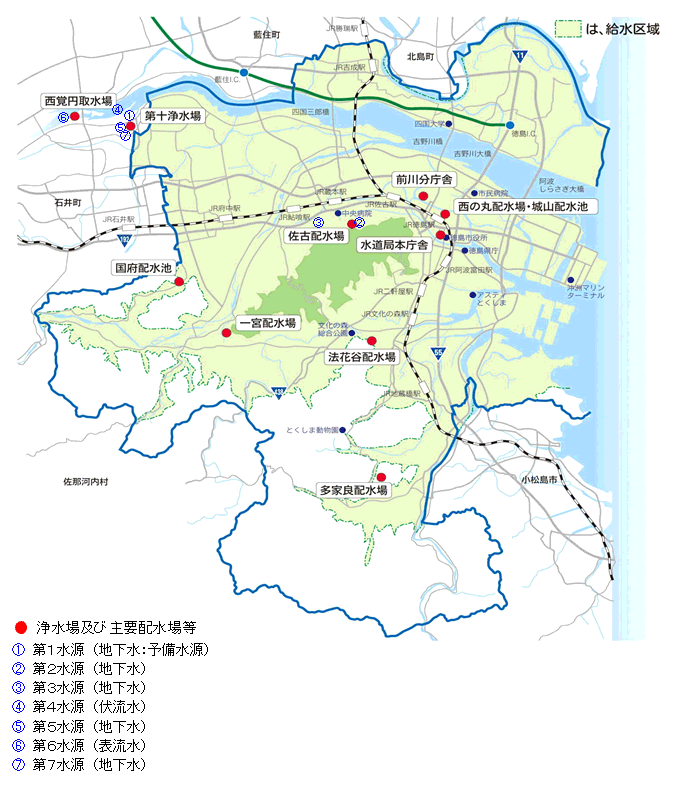 主要な水道施設の位置